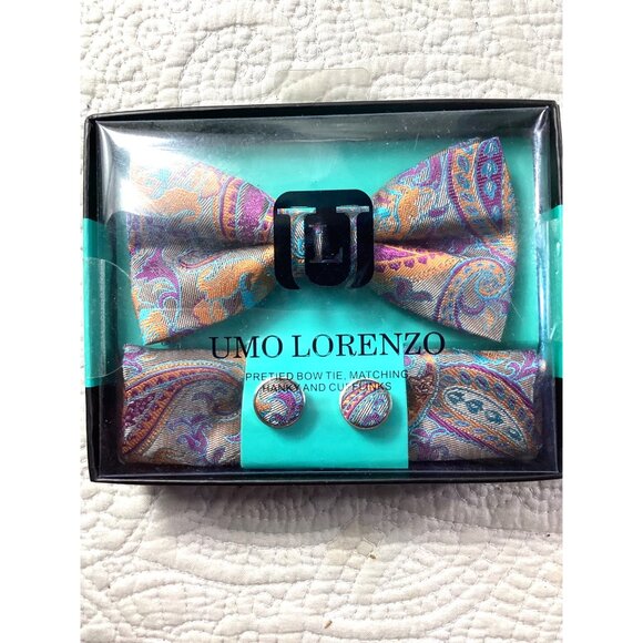 Lot of 2 Umo Lorenzo Mens Paisley Bow Tie Sets*Pocket Square*Cuff Links*Gift*NWB - Picture 4 of 5